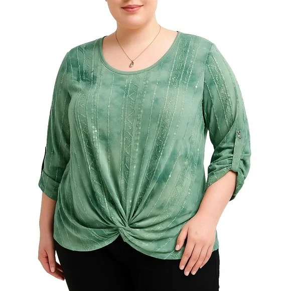 Sami & Jo Green Sequin Embellished Twist Front Blouse Womens Size 1X Plus Top - Picture 4 of 14